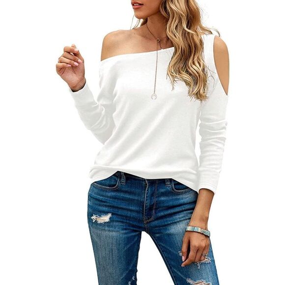 HIYIYEZI Women Cold Shoulder Tops Off One Shoulder Shirts Boat Neck Long Sleeve - Picture 1 of 6